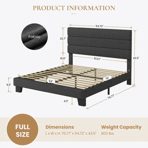 Full Platform Bed Frame With Upholstered Fabric Headboard In Grey Featuring Dense Foam Padding And Breathable Polyester For Super Comfy Nights and dimensions showing steel support and wooden slats.
