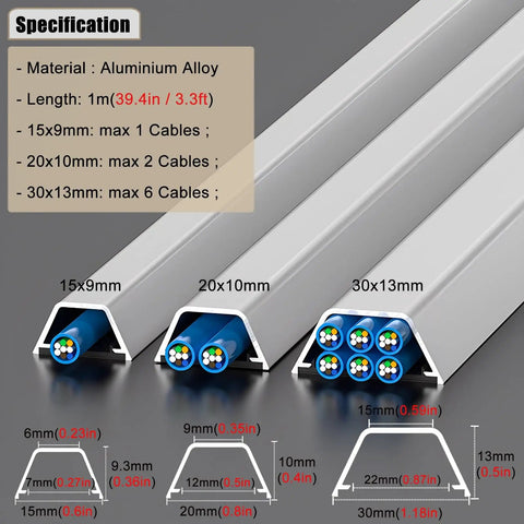 Wall Mounted Cable Raceway For Hidden Wires And Waterproof Cord Cover Keeps Cables Neat And Safe Baby Proof Ready For Home And Office 1 Meter Long By 30mm Wide Durable Wire Management Solution showing various sizes and dimensions.
