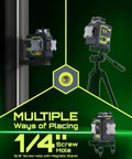 Green Beam Laser Level with Self Leveling 3x360 Degree Cross Line mounted on metal surface and tripod for construction, picture hanging.