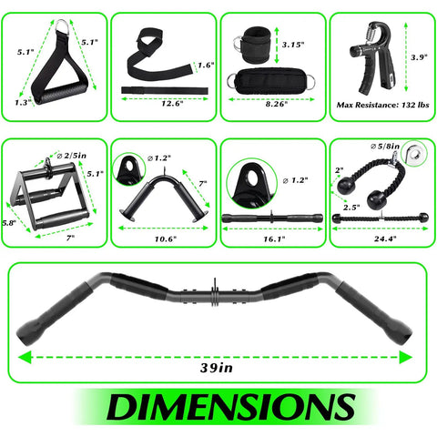 Lat Pulldown Attachments Set For Home Gym With Curl Pulldown Bar dimensions and features, including tricep rope and V bar.