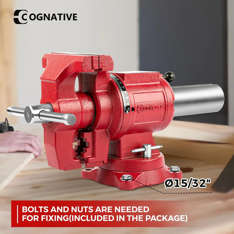 5 Inch Upgraded 360 Degree Positioning Bench Vise With 8800 Lb Clamp, Heavy Duty Ductile Iron Body, 60000 PSI Strength, Blue Powder Coat Finish, Zinc Plated Spare Parts, Precise Jaw And Rock Solid Grip red swivel bench vise with 360-degree base and mounting bolts