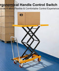 Heavy Duty Hydraulic Lift Table Cart Featuring 770 Pound Load Capacity And Rock Solid Double Scissor Mechanism For Warehouse Operations with box.