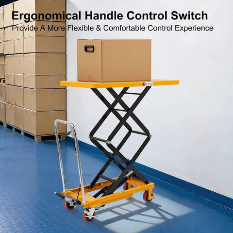 Heavy Duty Hydraulic Lift Table Cart Featuring 770 Pound Load Capacity And Rock Solid Double Scissor Mechanism For Warehouse Operations with box.