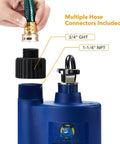 1/4 HP Submersible Water Pump Portable Thermoplastic Utility Pump navy blue with multiple hose connectors shown.