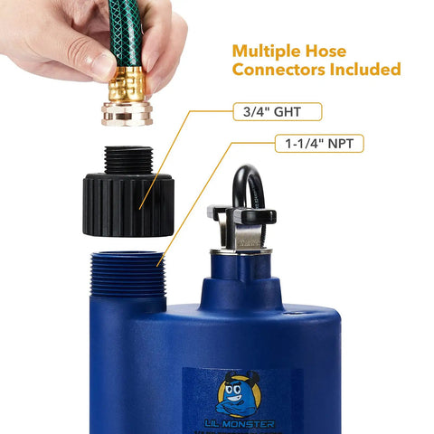 1/4 HP Submersible Water Pump Portable Thermoplastic Utility Pump navy blue with multiple hose connectors shown.