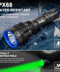 UC20 Green Hunting Light Flashlight Kit with 2000 Lumens next to water droplets showing IP68 water resistance