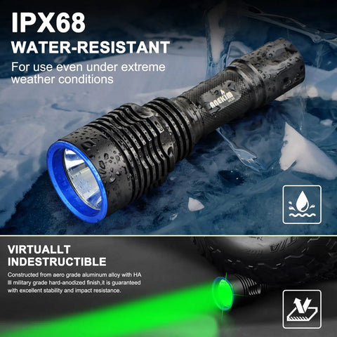 UC20 Green Hunting Light Flashlight Kit with 2000 Lumens next to water droplets showing IP68 water resistance