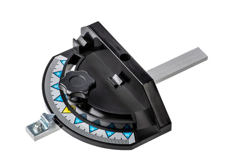 Adjustable miter gauge for precise angle cuts on wood, metal, and plastic with clear markings for various angles.