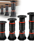 Heavy Duty Adjustable Bed Support Legs 4 Pack 8.4 To 13.5 Inches Holds 4400 Pounds Each detailed view of adjustable black legs with red accents.
