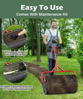 Man using 24 Inch Compost And Peat Moss Spreader For Lawn With Adjustable T Shaped Handle Upgraded Side Clasps Durable Lightweight Metal Roller Delivers Uniform Spreading Diamond Mesh Design Black Finish on grass