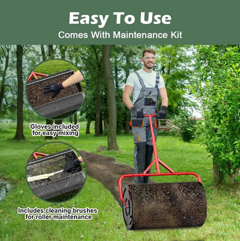 Man using 24 Inch Compost And Peat Moss Spreader For Lawn With Adjustable T Shaped Handle Upgraded Side Clasps Durable Lightweight Metal Roller Delivers Uniform Spreading Diamond Mesh Design Black Finish on grass