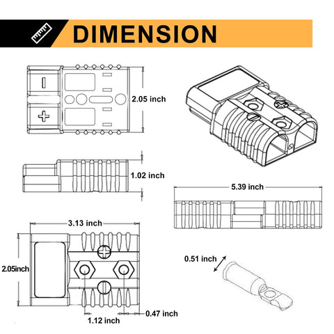 Technical diagram showing dimensions of 1/0 AWG Battery Quick Connect Wire Harness Kit 175A Red 2 Pcs Plugs For Winch Auto Car Trailer And Electrical Devices Quick Connect Disconnect Plug Set Plug And Play