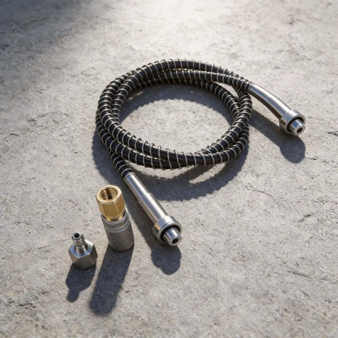 Heavy Duty High Pressure Air Hose With 9000 PSI Rating And Stainless Steel Braid on concrete with quick connect couplers.