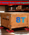 8 Ton Equipment Moving Skates Set Of 4 Heavy Duty Beefed Up Industrial Dollies under a large wooden crate