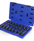 Lug Nut Key Set 16 Piece SAE And Metric Wheel Lock Removal Tool Kit In CrMo Steel With Spline, Star, Hex And Fluted Keys in blue case