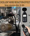 Air Compressor Muffler Half Inch NPT Male Fitting Quiet Exhaust Silencer For Compressors Dryers And Industrial Air Systems Single Chamber Design Handles Up To 145 PSI showing noise reduction effect with 30 dB meter
