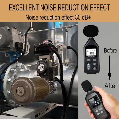 Air Compressor Muffler Half Inch NPT Male Fitting Quiet Exhaust Silencer For Compressors Dryers And Industrial Air Systems Single Chamber Design Handles Up To 145 PSI showing noise reduction effect with 30 dB meter