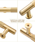 Top Shelf Solid Brass Cabinet Pulls Featuring Slick Brushed Gold Finish showcasing detailed hardware angles and solid brass design.