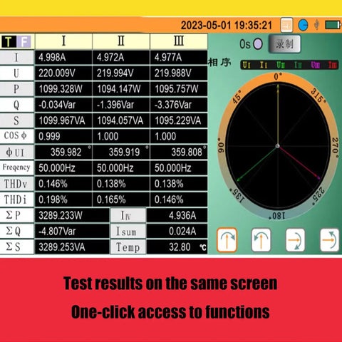 No Sweat Mini Three Phase Power Quality Analyzer With Four PC Current Clamps And Usb Logging For Precise Harmonic Diagnosis and Heavy Duty Circuit Checks, displaying detailed test results.