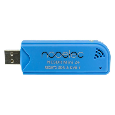 Close-up of blue NESDR Mini 2 Plus RTL SDR USB Receiver Kit with side view, showcasing USB connector and labeling