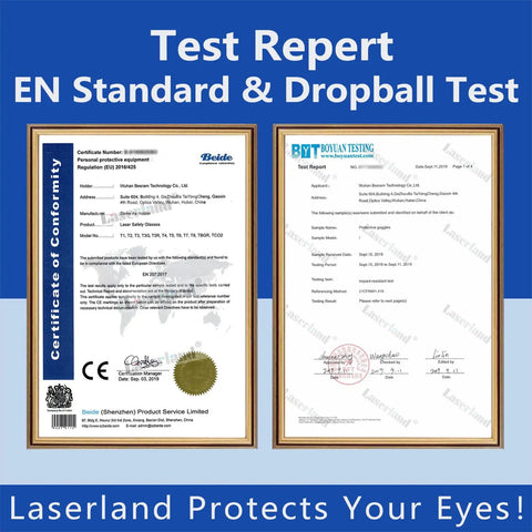 Certificate and test report for Over Glasses Laser Safety Goggles For 190nm To 550nm Wavelengths Including 355nm 405nm.