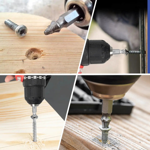 Damaged Screw Extractor Set for Stripped, Rusted, and Broken Screws and Bolts, 6 piece kit in use for easy removal of screws