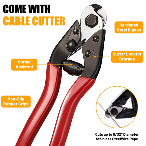 Rugged Marine Grade 1/8 Inch Stainless Steel Cable For Railing And Deck Fencing With Cutter showing red-handled cutter.