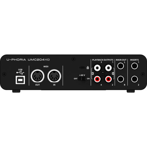 Rear view of UMC204HD USB Audio Interface With MIDAS Preamps, 24-Bit/192 KHz Audio, Phantom Power, MIDI I/O, Two In Four Out, Inserts