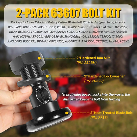 Rotary Cutter Blade Bolt Kit For Secure Attachment 2 Pack Replacement Fits Bush Hog Howse HICO Models Includes One And One Eighth Inch Fine Thread Bolts Nuts Washers, 2-pack bolt kit with black hardened bolt, lock washer, and jam nut
