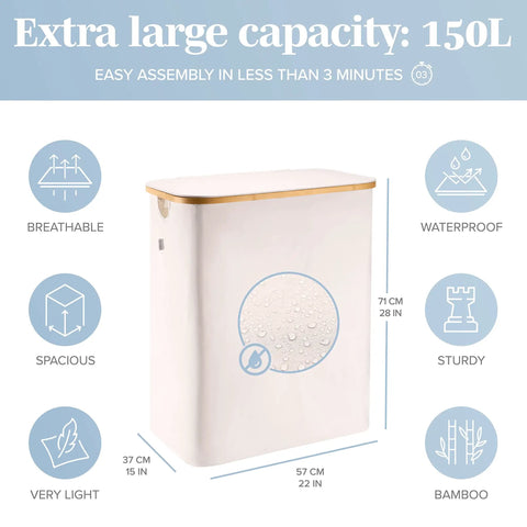 Double 40 Gallon Laundry Basket With Lid Breathable Fabric Hamper With Side Handles And Heavy Duty Sturdy Bamboo Frame Beige
