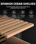Spanish cedar shelves of Beefy 100 Count Cabinet with Heating and Cooling Temperature Control System, highlighting features like humidity retention.
