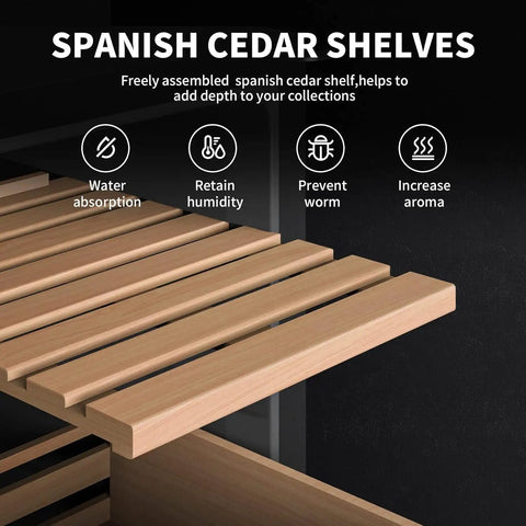 Spanish cedar shelves of Beefy 100 Count Cabinet with Heating and Cooling Temperature Control System, highlighting features like humidity retention.
