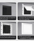 Step-by-step installation process of Built Tough Aluminum Access Door For Drywall Panels 12 By 14 inches in crisp white.