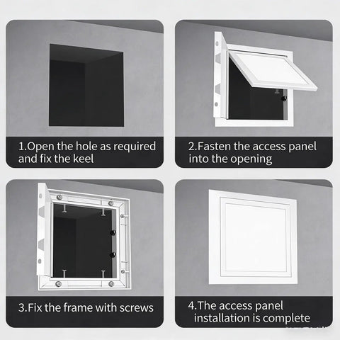 Step-by-step installation process of Built Tough Aluminum Access Door For Drywall Panels 12 By 14 inches in crisp white.
