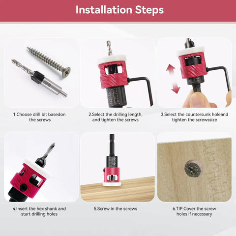 Installation steps for Five Piece Countersink Drill Bit Set With Low Friction Depth Stop For Woodworking, HSS M2 Tapered Bits