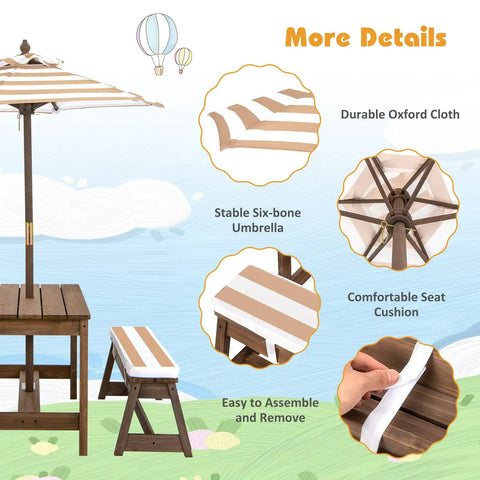 Kid Approved Outdoor Picnic Table Set With Cushioned Benches, Adjustable Height Table, Built In Umbrella details