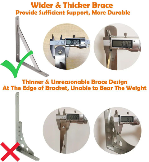 Comparison image of Beefy Heavy Duty Stainless Steel Shelf Brackets 18in By 12in, showing thicker brace design with digital caliper.