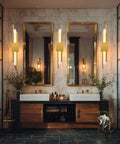 NICRX 2 Pieces Modern Gold LED Wall Sconce, Geometric Metal and Acrylic Vertical Wall Lamp in a stylish bathroom