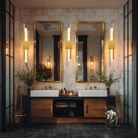 NICRX 2 Pieces Modern Gold LED Wall Sconce, Geometric Metal and Acrylic Vertical Wall Lamp in a stylish bathroom