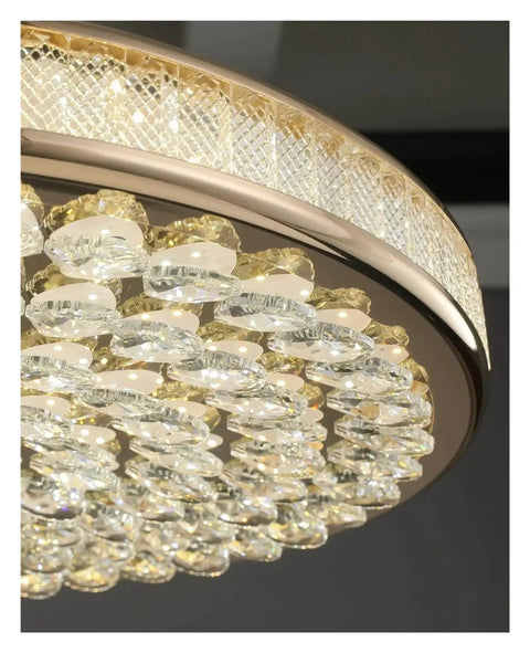 Close-up of round mounted crystal LED ceiling chandelier light for living room bedroom study hallway sleek modern indoor lighting fixture.