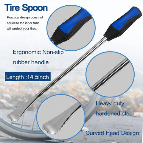 Heavy Duty Motorcycle Tire Spoon Kit With 14.5 Inch Tire Irons showing ergonomic handle and curved steel head