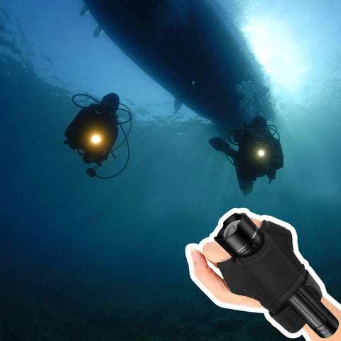 Diver beneath boat with Hands Free Wrist Light Holster For Diving And Outdoor Explorations Adjustable Strap Mount in focus