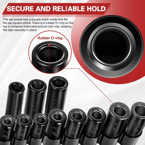 Magnetic Tap Socket Set, 11-Piece Pro Grade Magnetic Socket Adapters For Tap And Die Use, Fits Metric And Standard Taps, showing rubber O-ring design.