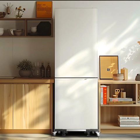 Adjustable Mini Fridge Stand 27.5-35.4 Inches Tall Mobile Base supporting a white refrigerator on four swivel wheels in a kitchen.