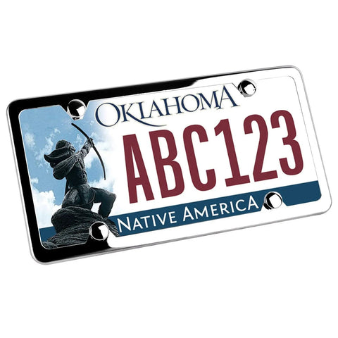 Set Of Two Four Hole License Plate Frames In Slim Stainless Steel With A Polished Mirror Finish And Chrome Screw Caps on Oklahoma plate
