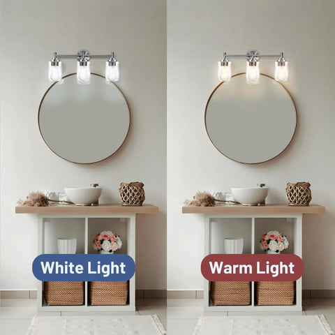 Comparison of white and warm light from Three Light Matte Black Bathroom Vanity Lights With Clear Glass Shades Dope Over Mirror Modern Wall Sconce