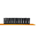 Deep Impact Socket Set, 13 Piece, Three Eighths Inch Drive, Six Point, Metric, on rack, black oxide finish, front view