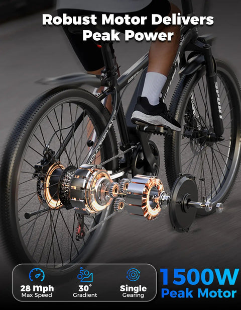 Powerful 1500W Peak Mountain Electric Bike With 26 Inch All Terrain Wheels showing motor details and speed features