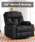 Oversized Swivel Rocker Recliner With Heated Massage, 40 Inch Rocking Chair In PU Leather, Dual Cup Holders, Black Finish
