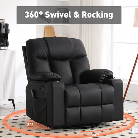 Oversized Swivel Rocker Recliner With Heated Massage, 40 Inch Rocking Chair In PU Leather, Dual Cup Holders, Black Finish